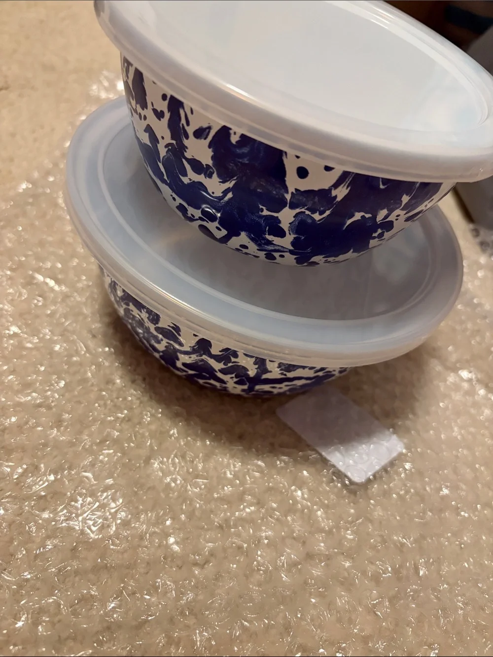 Brand New Golden Rabbit Cobalt Swirl Ceramic Bowls with Clear Lids - Set of 2